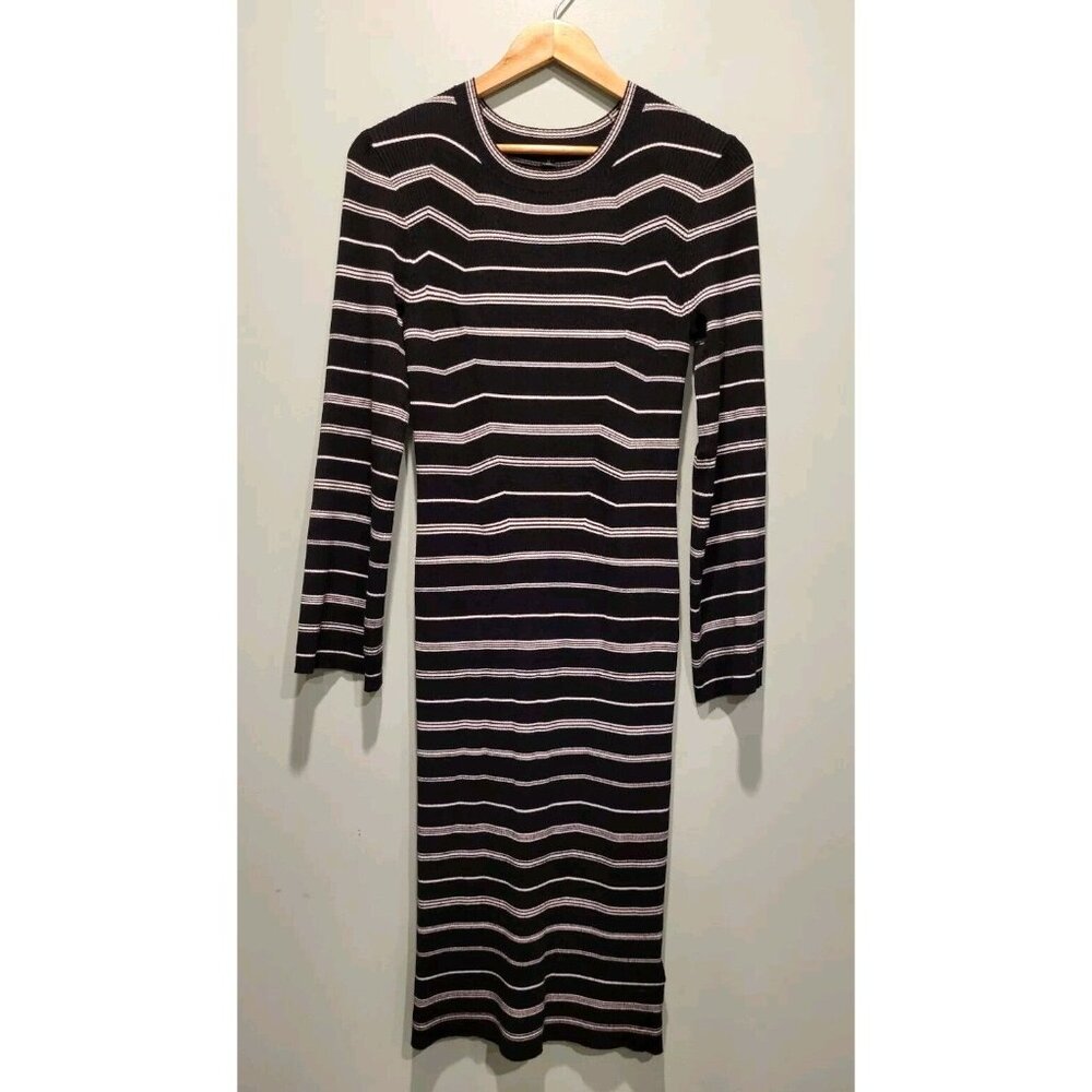 J Crew Black White Stripe Ribbed Sweater Knit Long Sleeve Midi Dress Sz M
